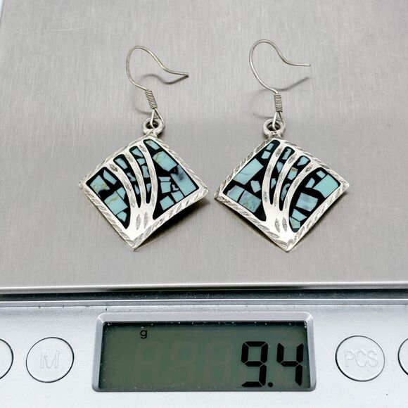 Vintage Mexico Sterling Silver 925 Dyed Blue Magnesite Inlay Dangle Earrings - Picture 6 of 6